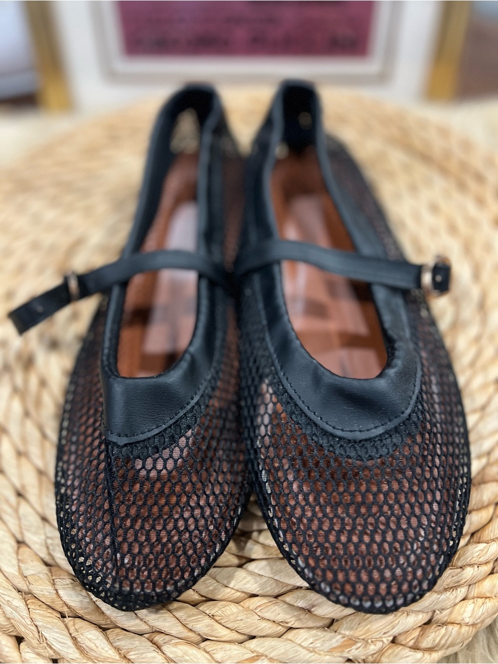 Women's Black Mesh Mary Jane Flats with Strap